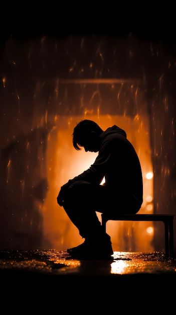 An anxious and fearful young man sat on his bed at night, restless and uneasy.